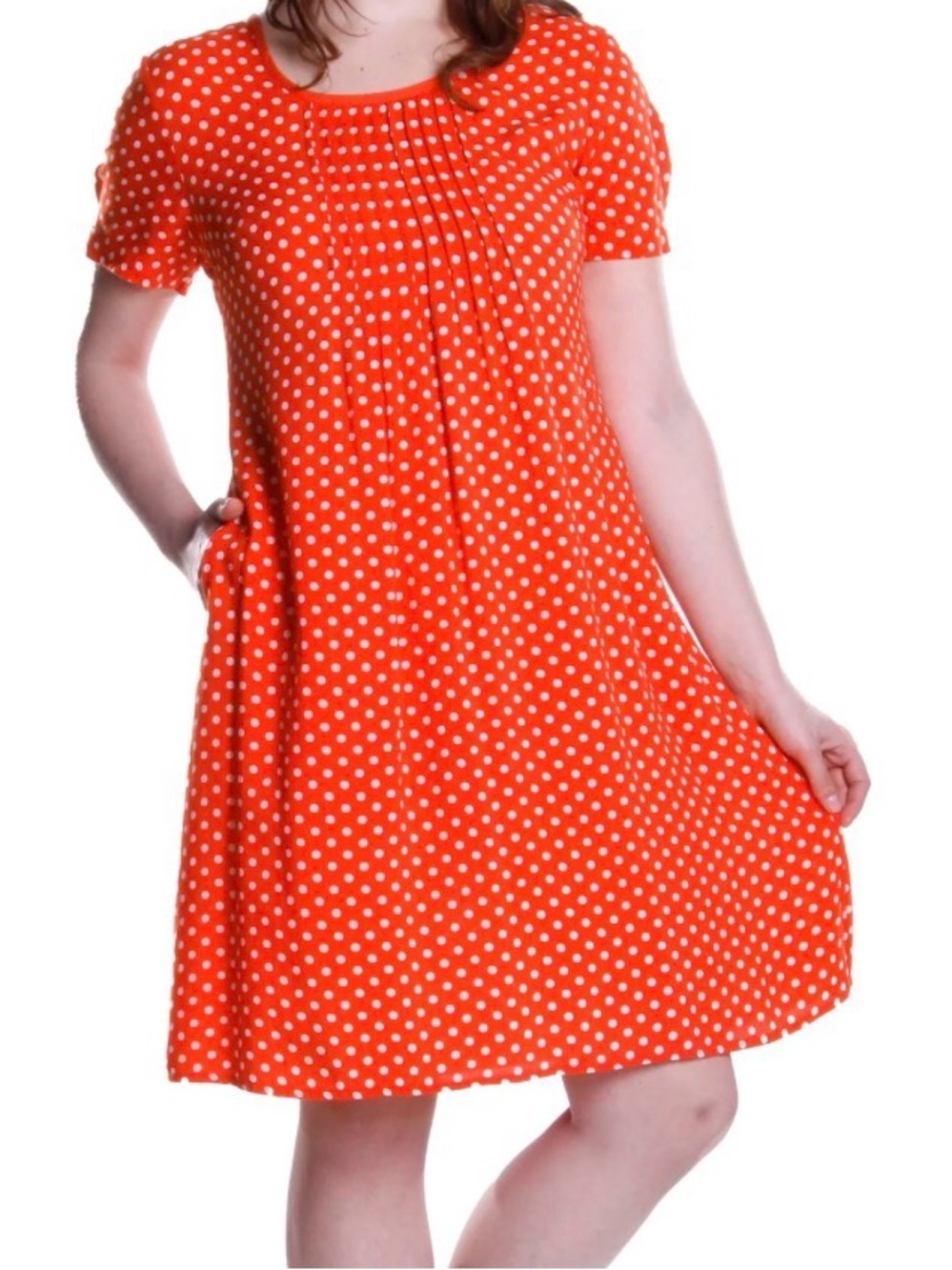 NWT La Cera Orange Polka Dot Pleated Shift Dress with Pockets XL Summer Concert